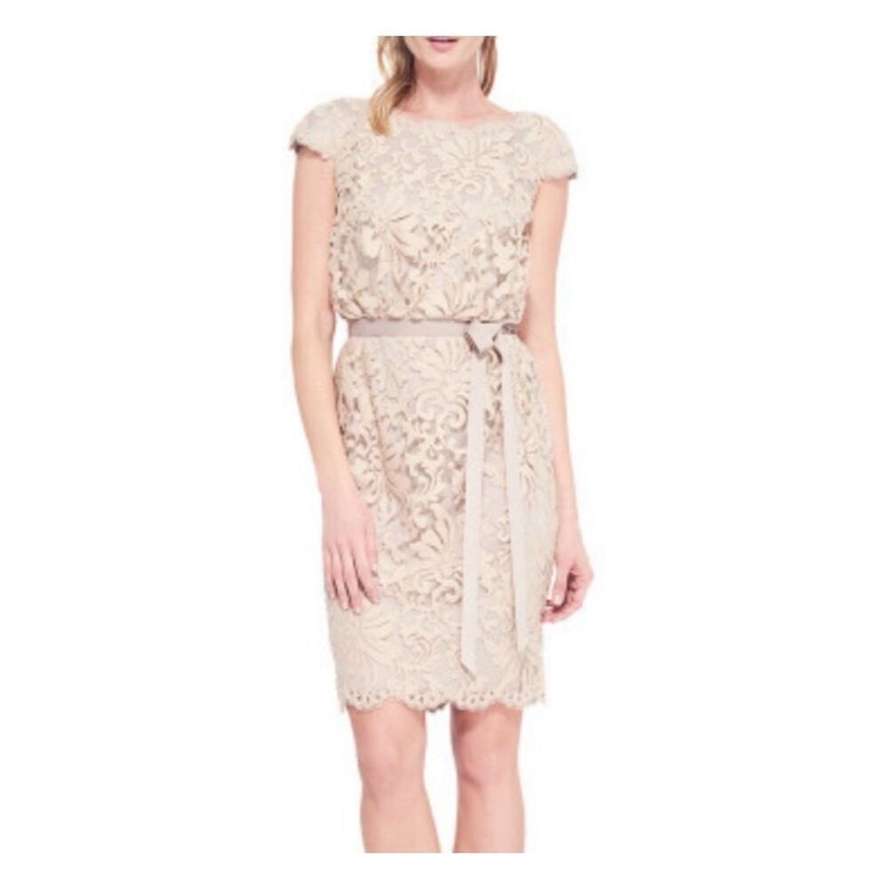 Tadashi Shodji Greta Lace Cocktail Dress Cap Sleeve Tie Waist size 8